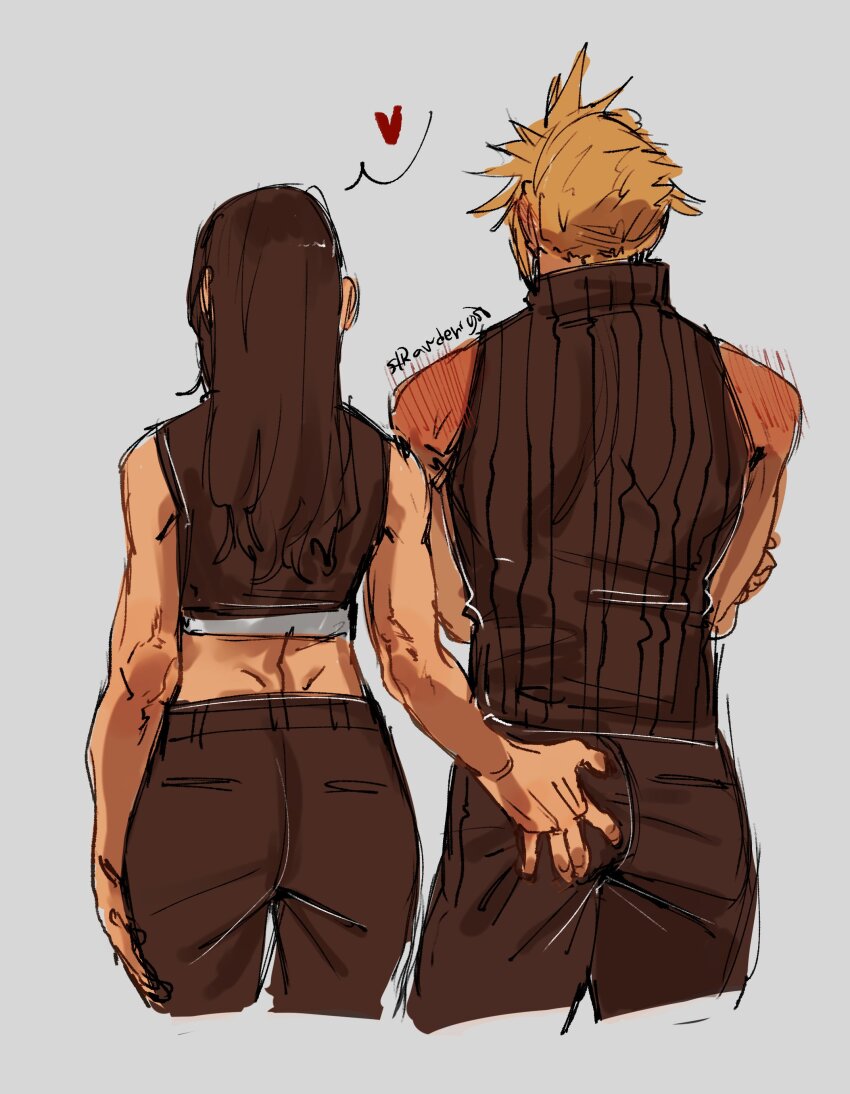 1boy 1girl absurdres assertive_female back bare_arms black_hair black_pants black_shirt blonde_hair blush cloud_strife commentary cowboy_shot crop_top crossed_arms final_fantasy final_fantasy_vii final_fantasy_vii_advent_children from_behind grabbing_another&#039;s_ass groping heart high_collar highres long_hair midriff pants shirt shoulder_blush signature simple_background sleeveless sleeveless_shirt speech_bubble spiked_hair standing strawderryst symbol-only_commentary tank_top tifa_lockhart