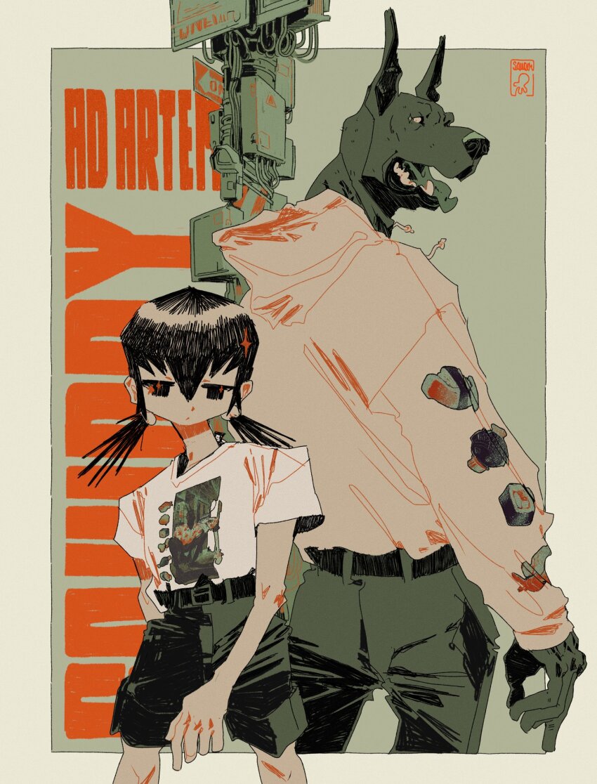 1boy 1girl animal_ears animal_nose arm_behind_back arrow_(symbol) artist_logo belt big_squid_man black_eyes black_hair black_pants black_shorts border cable closed_mouth dobermann dog_boy drawstring english_text facing_away film_grain furry furry_male hatching_(texture) height_difference highres hood hood_down hoodie inset_border knees limited_palette logo long_sleeves looking_at_viewer looking_back looking_down original outside_border pants pink_hoodie print_hoodie print_shirt shirt short_sleeves shorts sign simple_background skinny snout sparkle standing teeth tongue tongue_out utility_pole white_shirt