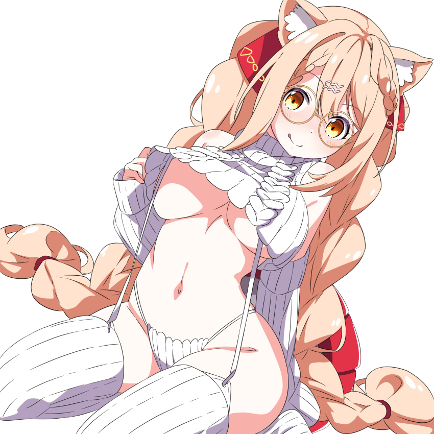 1girl :p animal_ears blonde_hair breasts cat_ears ebiko_(vtuber) highres indie_virtual_youtuber large_breasts long_hair medium_breasts meme_attire orange_eyes rojogarnina round_eyewear seiza shrimp_tail sitting smile solo thick_thighs thighs tongue tongue_out twintails underboob very_long_hair virgin_destroyer_sweater virtual_youtuber