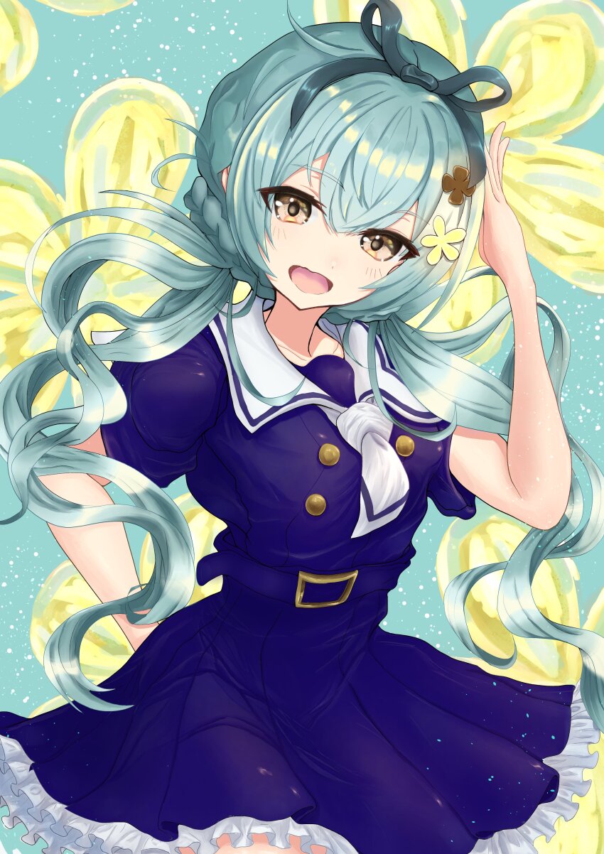 1girl :d absurdres aqua_background aqua_hair arm_up asahi_(pikapikaasahime) assault_lily belt belt_buckle black_ribbon blue_belt blue_dress braid brown_eyes buckle buttons commentary cowboy_shot dress floating_hair floral_background flower frilled_dress frills hair_between_eyes hair_flower hair_ornament hair_ribbon hand_on_own_hip highres light_blush light_particles long_hair looking_at_viewer low_twintails neckerchief open_mouth ribbon sailor_collar short_sleeves smile solo standing twintails ueda_imari very_long_hair white_neckerchief white_sailor_collar yellow_flower