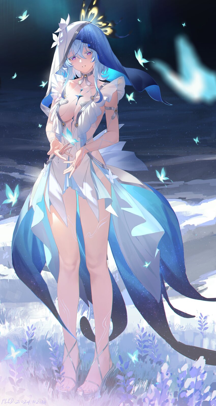 1girl absurdres armlet blue_butterfly blue_grass blue_hair blue_nails blue_veil breasts bug butterfly butterfly_on_hand colored_eyelashes dress fled hair_between_eyes heel-less_heels highres insect jewelry long_hair looking_at_viewer nail_polish purple_eyes purple_pupils silver_armlet sleeveless sleeveless_dress solo standing shorekeeper_(wuthering_waves) two-tone_veil veil white_dress white_veil wuthering_waves