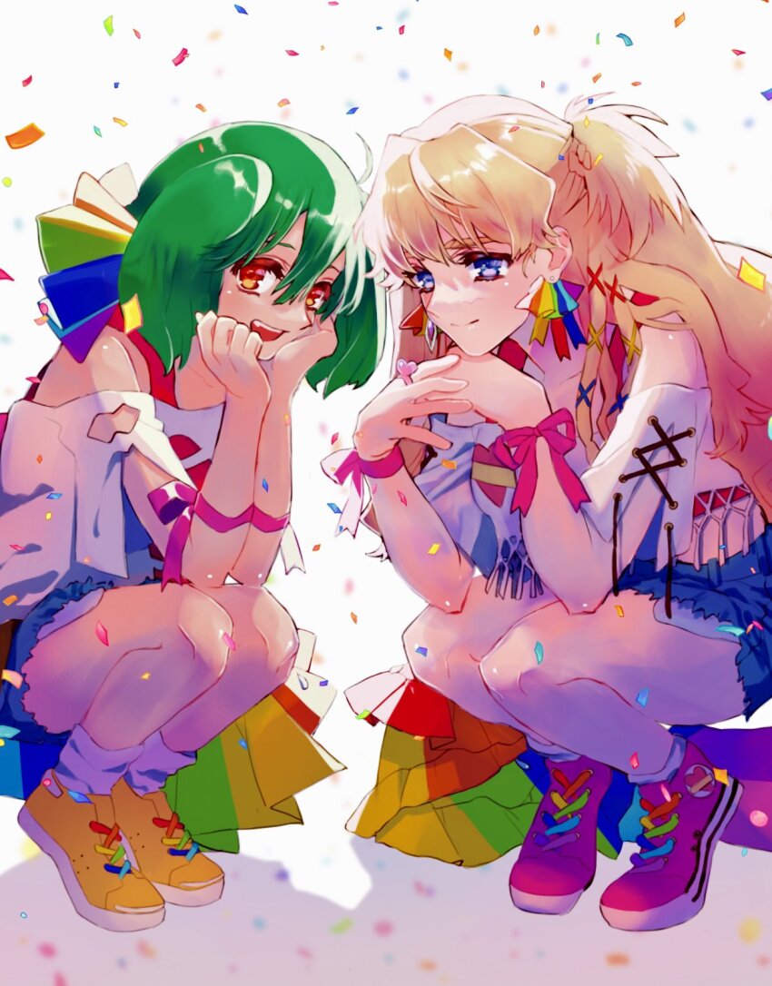 2girls arm_ribbon bare_legs bare_shoulders blonde_hair blue_eyes blue_shorts closed_mouth collarbone commentary confetti cropped_shirt denim denim_shorts earrings elbow_rest full_body green_hair hands_on_own_face heart heart_print heart_ring highres holding jewelry long_hair looking_at_viewer macross macross_frontier macross_frontier:_toki_no_meikyu medium_hair multiple_girls off-shoulder_shirt off_shoulder official_alternate_costume open_mouth orange_eyes own_hands_together pink_ribbon pink_shoes print_shirt ranka_lee ribbon sechi_(stst1850) sheryl_nome shirt shoes short_shorts shorts smile sneakers socks squatting symbol-only_commentary white_shirt white_socks yellow_shoes