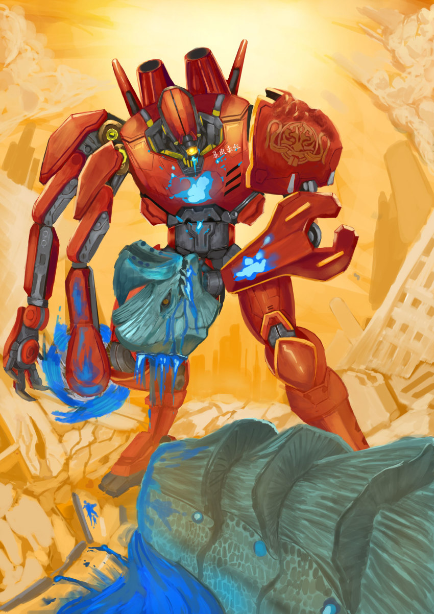 3_minitto bioluminescence blood blue_blood circular_saw colored_blood death decapitation dragon eastern_dragon extra_arms facial_hair glowing glowing_blood highres jaeger_(pacific_rim) kaiju legendary_pictures mecha mustache nasal_horns one-eyed otachi pacific_rim pan_pacific_defense_corps robot saw severed_head