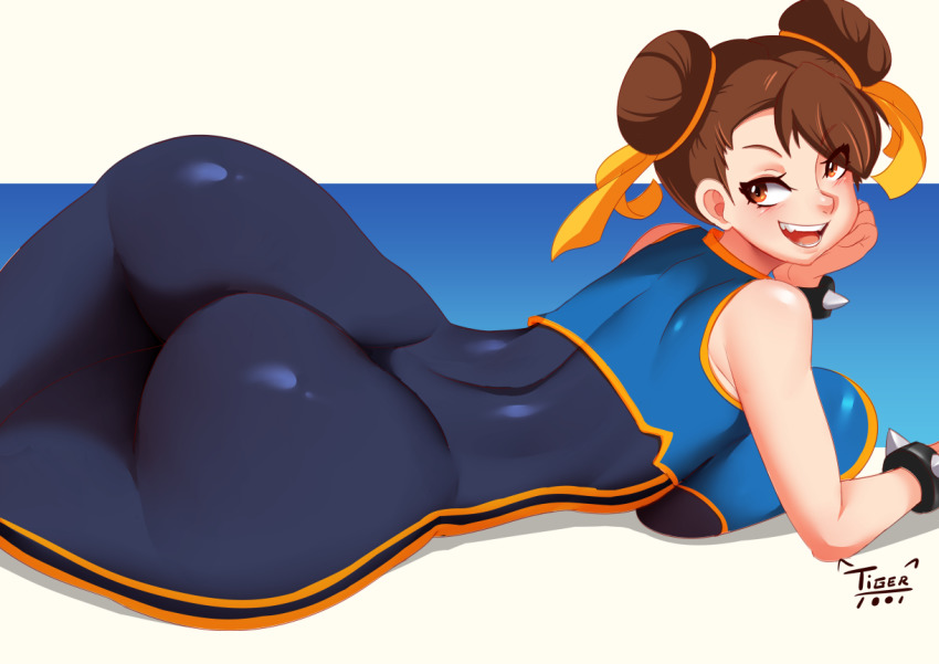 1girl 2022 artist_logo artist_name asian ass ass_focus bodysuit breasts brown_eyes brown_hair capcom chun-li dat_butt double_bun female_focus hair_bun huge_ass huge_breasts large_breasts logo looking_at_viewer lying narrow_waist naughty_face on_stomach open_mouth short_hair simple_background smile solo solo_focus street_fighter street_fighter_alpha thick_thighs thighs tiger1001 tight_clothes wide_hips