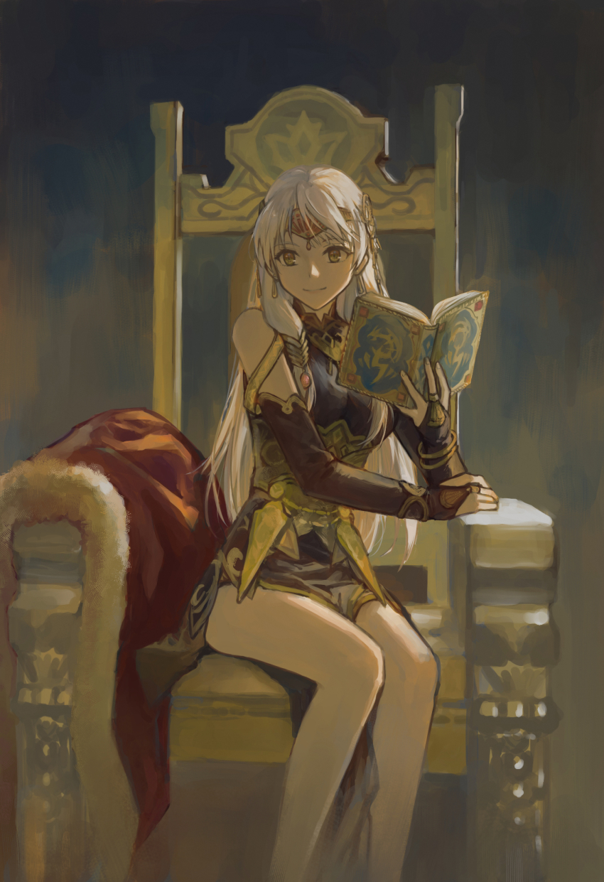 1girl black_dress black_gloves book bridal_gauntlets cape chair circlet closed_mouth dress earrings fingerless_gloves fire_emblem fire_emblem:_radiant_dawn fire_emblem_cipher fire_emblem_heroes fur_trim gloves hair_ornament highres holding holding_book imageprogram_(kent) jewelry long_hair micaiah_(fire_emblem) micaiah_(radiant_queen)_(fire_emblem) nintendo official_alternate_costume open_book pelvic_curtain side_slit silver_hair sitting sleeveless sleeveless_dress smile solo throne yellow_eyes