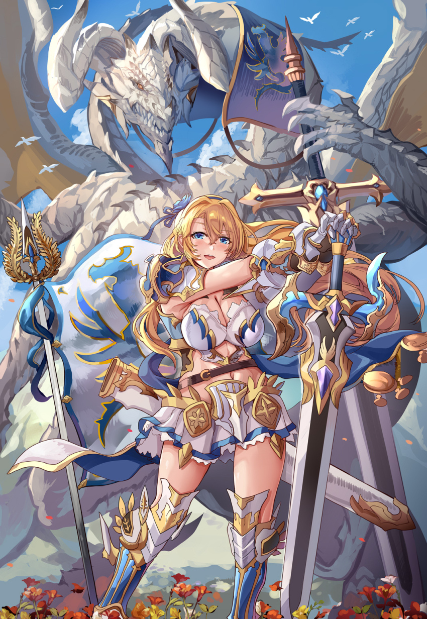 1girl :d armor belt bird blonde_hair blue_eyes blue_sky breasts cleavage cloud commentary contrapposto dragon feet_out_of_frame floating_hair frilled_skirt frills full_body gauntlets gold_trim hair_between_eyes highres himuro_shunsuke holding holding_sword holding_weapon knight large_breasts legs_apart long_hair looking_at_viewer navel open_mouth original outdoors outstretched_arms planted planted_sword planted_weapon sharp_teeth sheath shoulder_armor skirt sky smile solo standing sword teeth thighs upper_teeth_only v-shaped_eyebrows very_long_hair weapon western_dragon white_bird