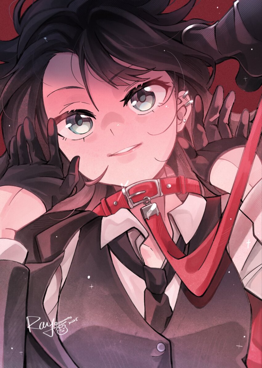 2girls bang_dream! bang_dream!_it&#039;s_mygo!!!!! black_gloves black_necktie black_vest blue_eyes chinese_commentary collar commentary_request ear_piercing gloves half_gloves hands_up highres leash light_particles multiple_girls necktie oblivionis_(bang_dream!) piercing red_background red_collar timoris_(bang_dream!) togawa_sakiko vest yahata_umiri yoyoray20001996 yuri