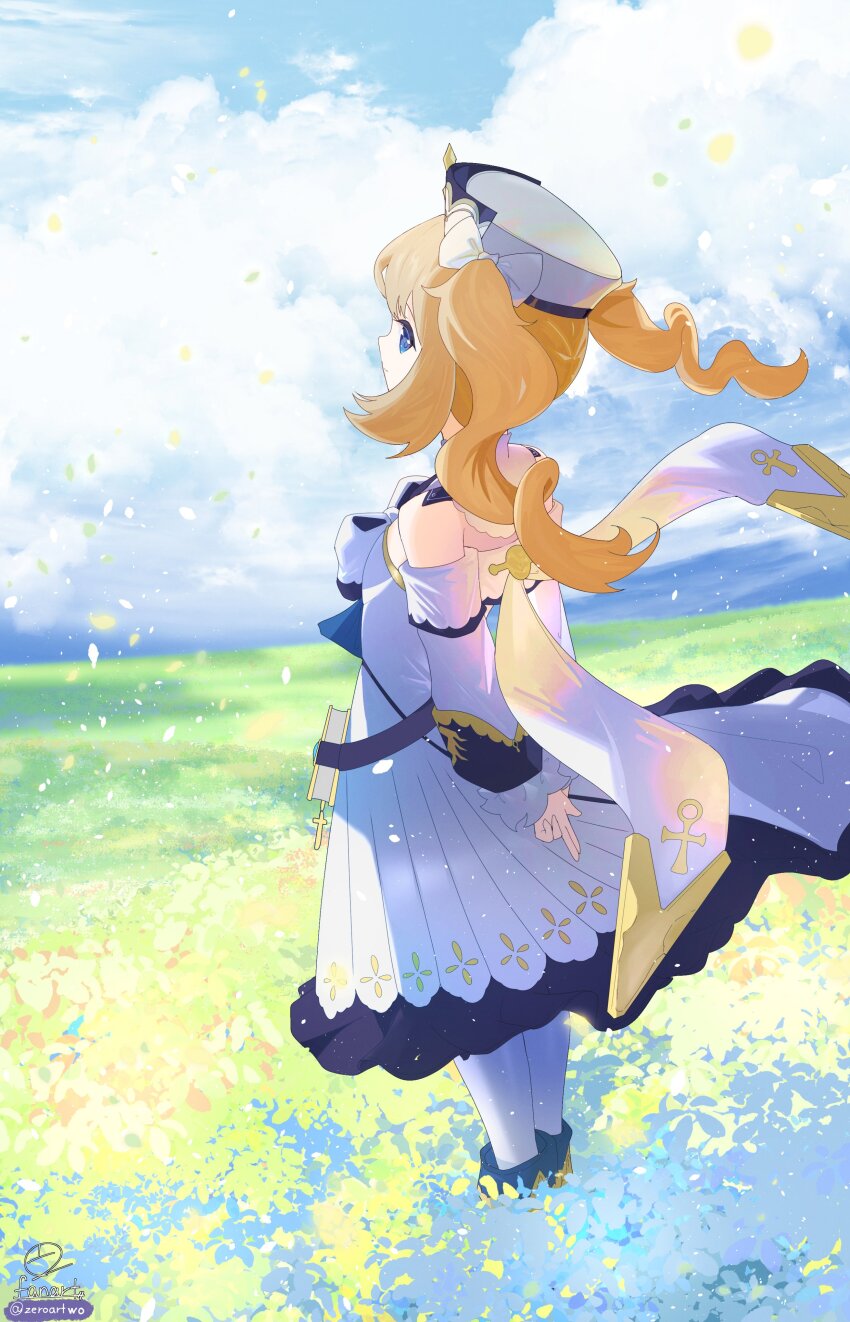 1girl absurdres arms_behind_back barbara_(genshin_impact) bare_shoulders blue_eyes commentary day detached_sleeves dress drill_hair from_side genshin_impact hat highres long_sleeves looking_at_viewer looking_to_the_side outdoors pantyhose shirt signature sleeveless sleeveless_dress smile solo standing twin_drills white_dress white_hat white_pantyhose white_shirt zeroartwo