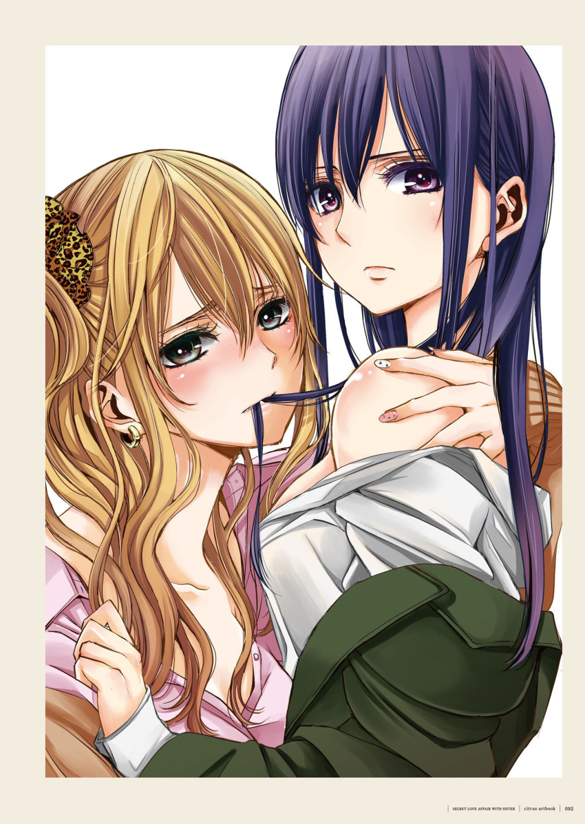 2girls aihara_academy_school_uniform aihara_mei aihara_yuzu black_hair blonde_hair blush breasts citrus_(saburouta) ear_blush earrings green_eyes highres jewelry long_hair looking_at_viewer medium_breasts multiple_girls no_bra official_art open_clothes open_mouth open_shirt purple_eyes saburouta school_uniform shirt shoulder_blush siblings sisters step-siblings sweater wife_and_wife yuri