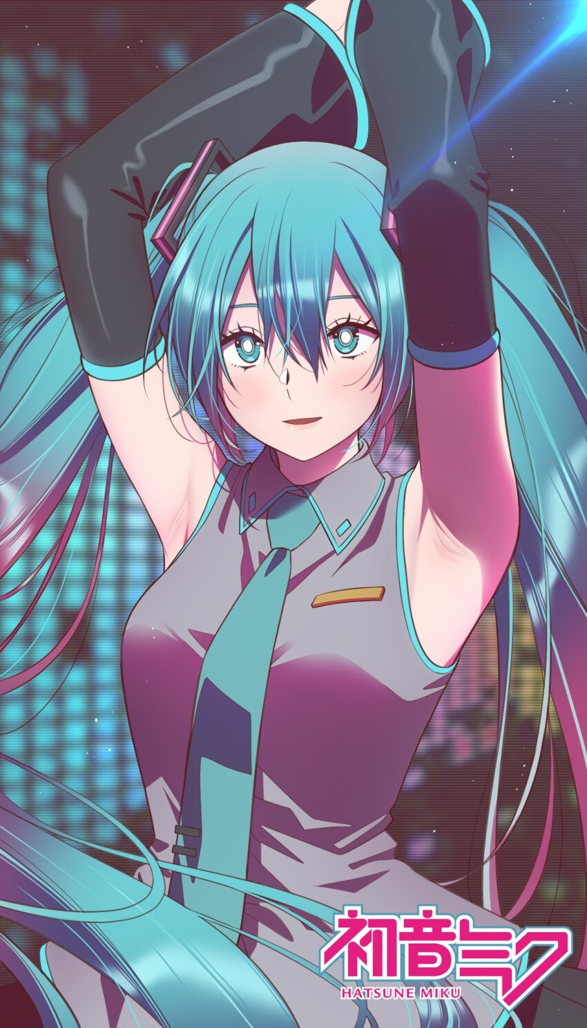 1girl andrian_januar_adilia aqua_eyes aqua_hair aqua_necktie armpits arms_up black_sleeves breasts character_name collared_shirt commentary_request detached_sleeves grey_shirt hair_between_eyes hatsune_miku highres indonesian_commentary long_hair looking_at_viewer medium_breasts necktie parted_lips shirt sleeveless sleeveless_shirt solo standing twintails upper_body very_long_hair vocaloid