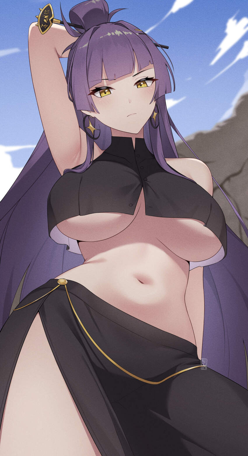 1girl absurdres aria_(epic_seven) arm_up armpits bare_shoulders black_shirt black_skirt blue_sky blunt_bangs breasts chym39 closed_mouth cloud commentary cowboy_shot crop_top crop_top_overhang day epic_seven frown hair_bun hair_ornament hair_stick highres large_breasts long_hair long_skirt looking_at_viewer navel official_alternate_costume purple_hair shirt side_slit sidelocks skirt sky sleeveless sleeveless_shirt solo standing stomach underboob very_long_hair yellow_eyes