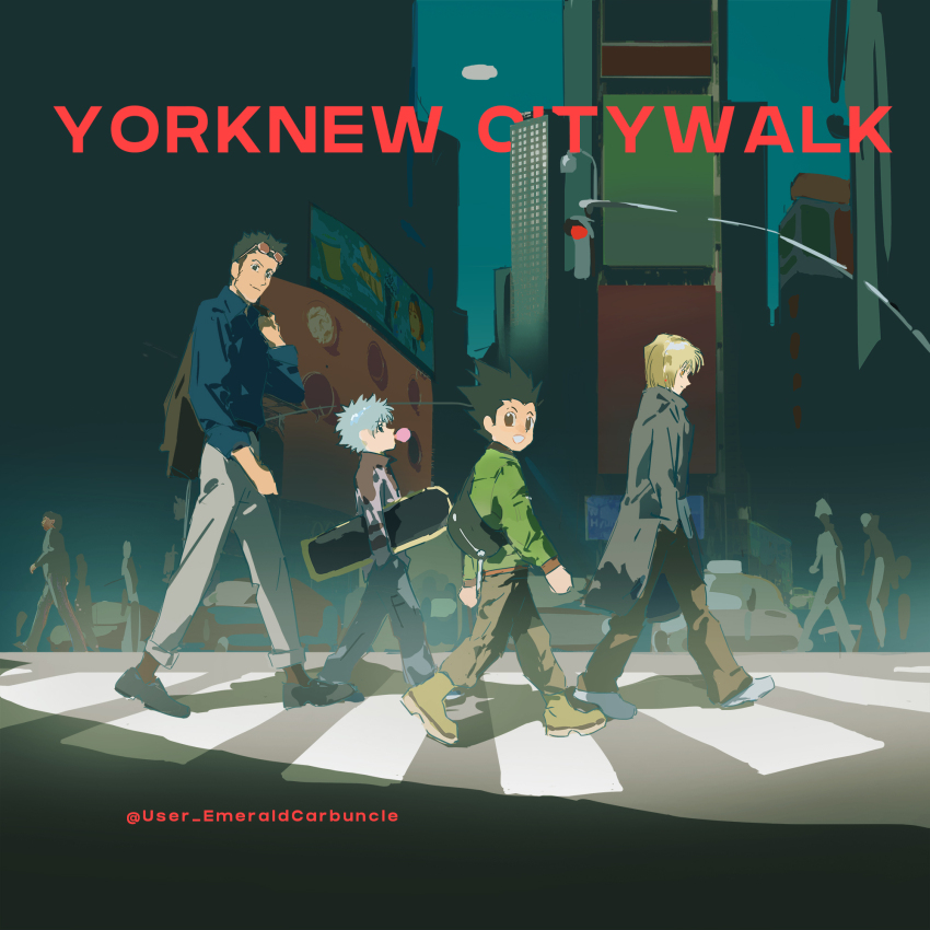 artist_name chewing_gum emeraldwan34590 gon_freecss highres hunter_x_hunter killua_zoldyck kurapika leorio_paladiknight male_focus multiple_persona road signature skateboard street streetwear twitter_username