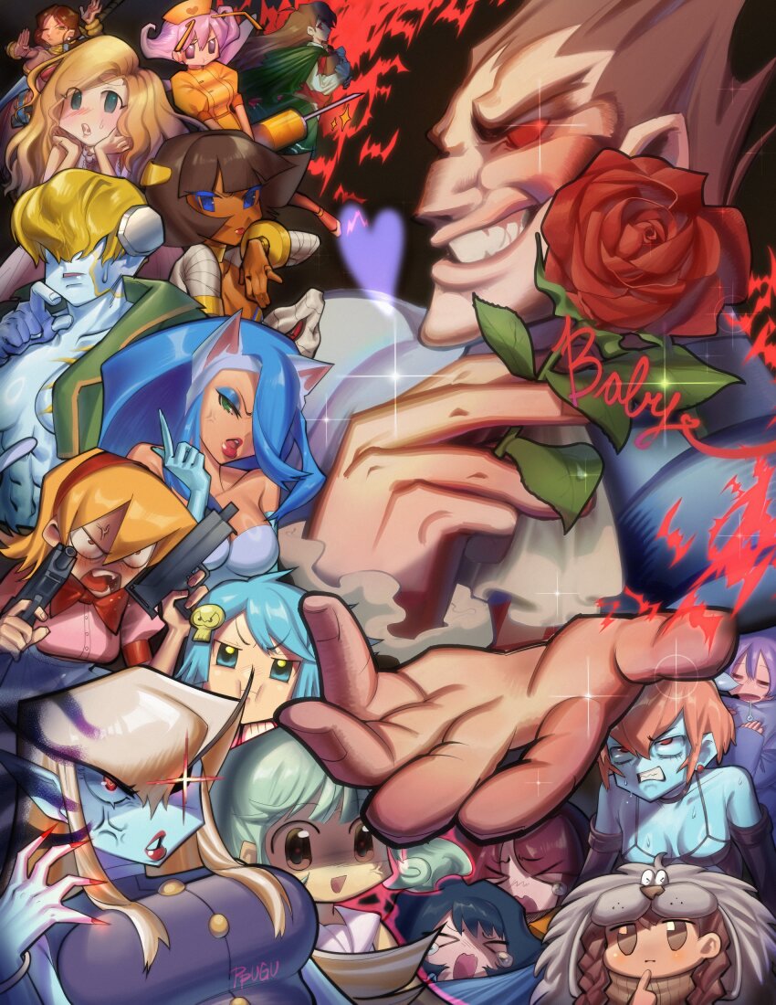 1boy 6+girls absurdres alternate_costume alternate_eye_color alternate_hair_color alternate_hairstyle anakaris anger_vein angry animal_ears b.b._hood bare_shoulders bat_(animal) bishamon_(darkstalkers) blonde_hair blue_eyeshadow blue_gloves blue_hair blue_skin blush bow bowtie breasts brown_hair capcom cat_ears cat_girl cleavage closed_eyes closed_mouth colored_sclera colored_skin commentary dark_skin darkstalkers demitri_maximoff demon demon_girl donovan_baine dress embarrassed english_commentary english_text eyeshadow felicia_(darkstalkers) finger_to_mouth finger_to_own_chin flower frown genderswap genderswap_(mtf) gloves glowing glowing_eye green_hair gun hair_over_eyes halloween happy_halloween heart highres holding holding_gun holding_weapon hsien-ko jacket jedah_dohma large_breasts lilith_(darkstalkers) lipstick long_hair looking_afar looking_ahead looking_at_another looking_at_viewer looking_to_the_side looking_up lord_raptor makeup medium_breasts mei-ling_(darkstalkers) midnight_bliss morrigan_aensland multiple_girls multiple_persona nail_polish neckerchief nurse official_alternate_costume official_alternate_hairstyle open_clothes open_jacket open_mouth orange_hair pink_hair pktmgs pointing pointing_up pout purple_hair q-bee reaching reaching_towards_viewer red_bow red_eyes red_flower red_lips red_nails red_rose rose sasquatch_(darkstalkers) short_hair sleeping small_breasts smile sparkle sparkling_eyes surprised sweat sweatdrop teardrop tearing_up tears teeth twintails vampire victor_von_gerdenheim weapon white_neckerchief