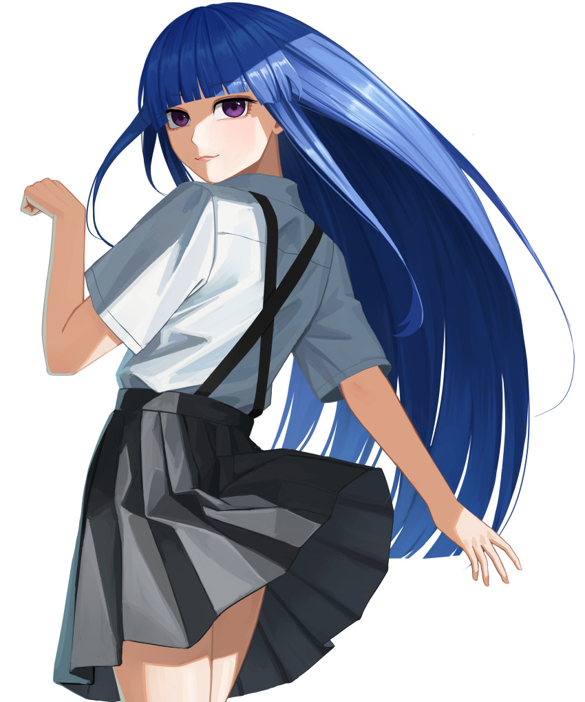1girl absurdres black_skirt blue_hair blunt_bangs collared_shirt furude_rika highres higurashi_no_naku_koro_ni long_sidelocks looking_at_viewer looking_back nemo_ringo purple_eyes school_uniform shirt sidelocks skirt solo st._lucia_academy_school_uniform suspender_skirt suspenders white_shirt
