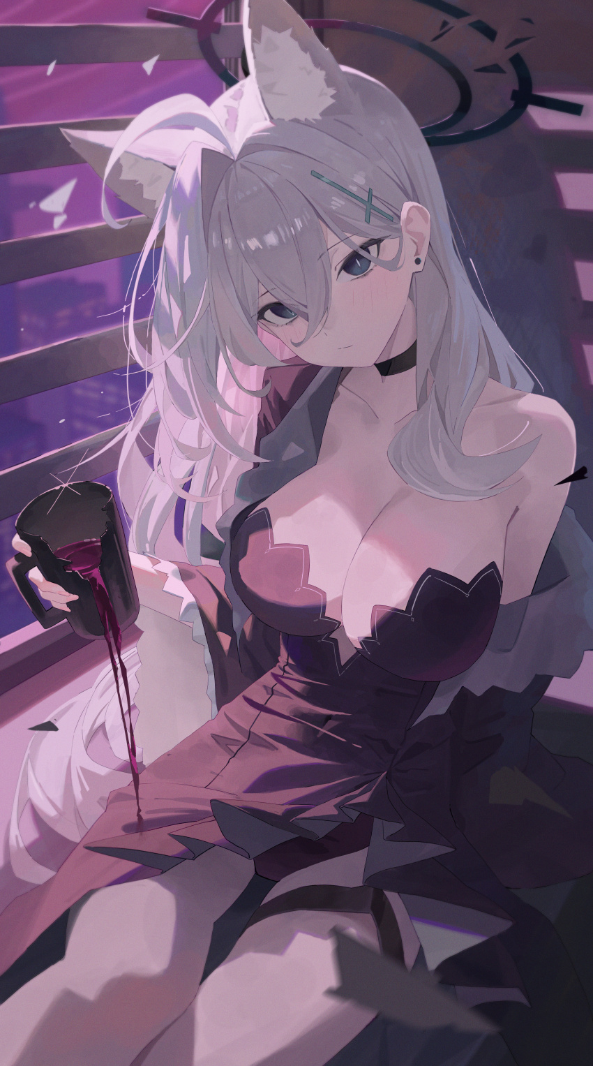 1girl absurdres ahoge animal_ear_fluff animal_ears black_choker black_halo black_jacket blue_archive breasts broken_cup choker cleavage closed_mouth commentary cup dress earrings extra_ears grey_hair hair_between_eyes halo head_tilt highres holding holding_cup jacket jewelry large_breasts long_hair mirrorapo_yemp open_clothes open_jacket shiroko_(blue_archive) shiroko_terror_(blue_archive) single_bare_shoulder single_off_shoulder solo strapless strapless_dress stud_earrings very_long_hair wolf_ears wolf_girl