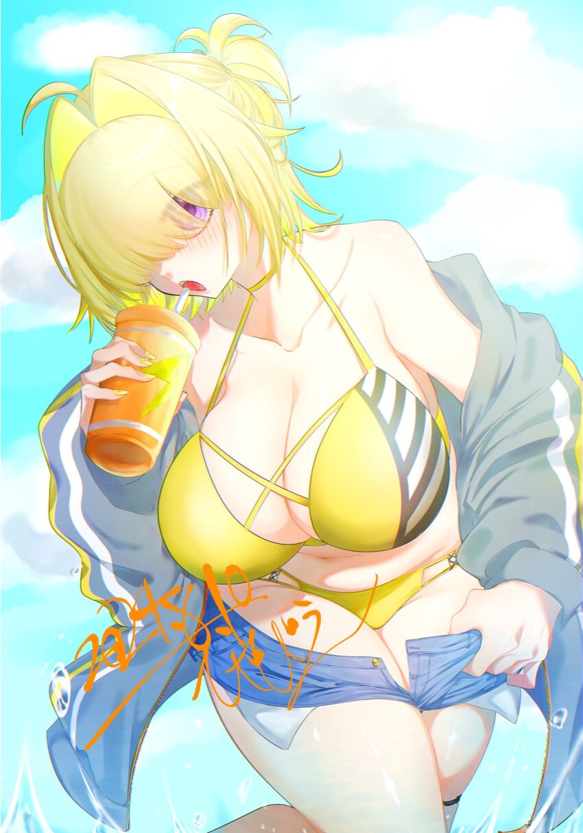 1girl alternate_costume bibie307 bikini blonde_hair blue_shorts breasts cleavage cup denim denim_shorts drink elegg_(nikke) goddess_of_victory:_nikke hair_intakes hair_over_eyes highres jacket large_breasts navel open_clothes plump purple_eyes shorts solo swimsuit yellow_bikini