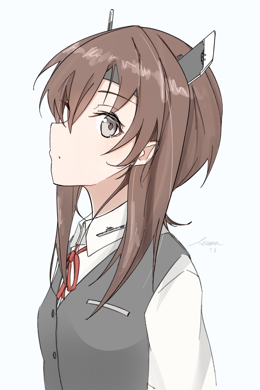 1girl brown_eyes brown_hair collared_shirt cosplay from_side grey_vest headgear highres kantai_collection lesoa looking_at_viewer looking_to_the_side neck_ribbon red_ribbon ribbon shiranui_(kancolle) shiranui_(kancolle)_(cosplay) shirt short_hair simple_background solo taihou_(kancolle) vest white_background white_shirt