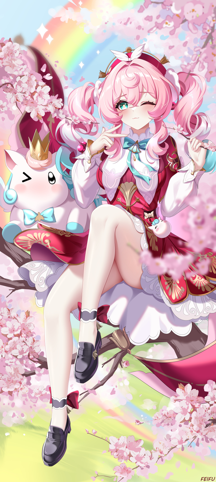 1girl absurdres aqua_bow aqua_bowtie aqua_eyes aqua_hair artist_name bare_legs block_heels blush bow bowtie dress feifu flower gradient_hair hat highres honkai:_star_rail honkai_(series) hyacine_(honkai:_star_rail) in_tree incredibly_absurdres little_ica_(honkai:_star_rail) looking_at_viewer medium_hair multicolored_hair one_eye_closed pegasus pink_hair rainbow red_bow red_dress red_hat sitting sitting_in_tree tree twintails two-tone_hair