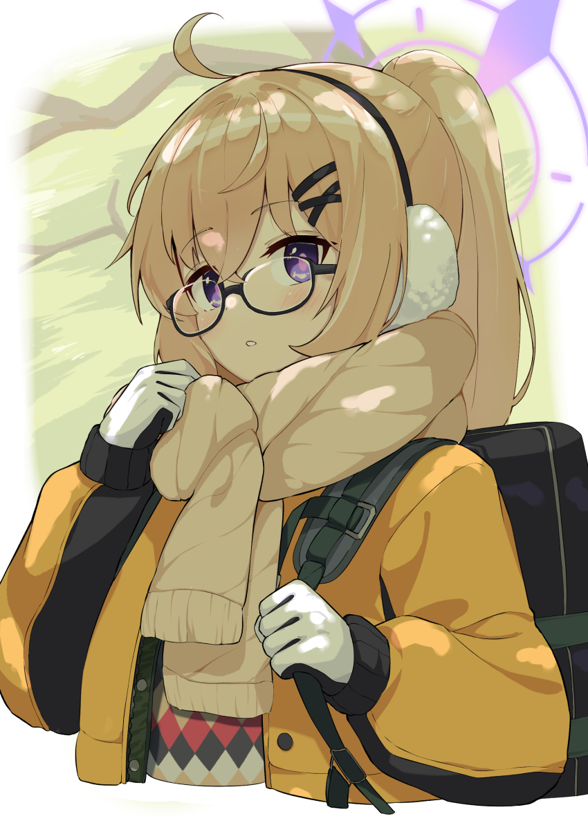 1girl absurdres ahoge argyle_clothes argyle_sweater backpack bag black-framed_eyewear black_bag black_sweater blonde_hair blue_archive blush brown_scarf brown_sweater cropped_torso earmuffs glasses gloves halo hands_up highres holding_strap jacket kotama_(blue_archive) kotama_(camp)_(blue_archive) long_hair long_sleeves looking_at_viewer multicolored_sweater official_alternate_costume open_clothes open_jacket osmium-76 parted_lips ponytail puffy_long_sleeves puffy_sleeves purple_eyes purple_halo red_sweater scarf semi-rimless_eyewear solo sweater teeth under-rim_eyewear white_gloves yellow_jacket