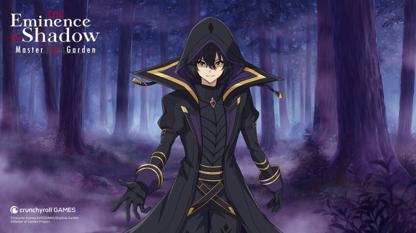 1girl artist_request black_coat black_eyes black_gloves black_hair black_hood black_pants cid_kagenou coat copyright_name copyright_notice fog forest gem gloves hair_between_eyes highres kage_no_jitsuryokusha_ni_naritakute! kage_no_jitsuryokusha_ni_naritakute!_master_of_garden logo nature official_art open_clothes open_coat pants purple_gemstone shadow_(cid_kagenou) short_hair solo