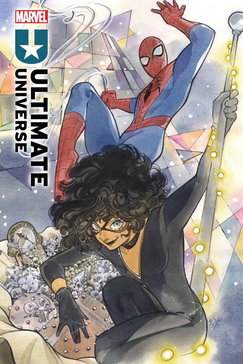 1boy 1girl black_bodysuit black_cat_(earth-6160) black_cat_(marvel) black_gloves black_hair blue_eyes bodysuit comic_cover english_text felicia_hardy_(ultimate_spider-man_2024) gloves highres marvel mask official_art peach_momoko peter_parker spider-man spider-man_(earth-6160) spider-man_(series) spider_web_print superhero_costume two-tone_bodysuit ultimate_spider-man_(2024)