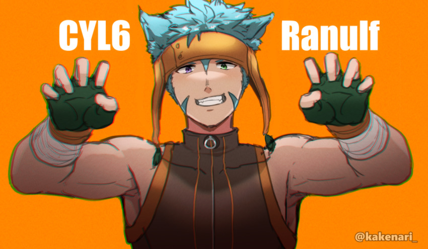 1boy animal_ears blue_hair cat_boy cat_ears claw_pose commentary_request fingerless_gloves fire_emblem fire_emblem:_path_of_radiance fire_emblem:_radiant_dawn fire_emblem_heroes gloves green_eyes heterochromia kakenari male_focus nintendo orange_background purple_eyes short_hair sleeveless solo teeth twitter_username upper_body