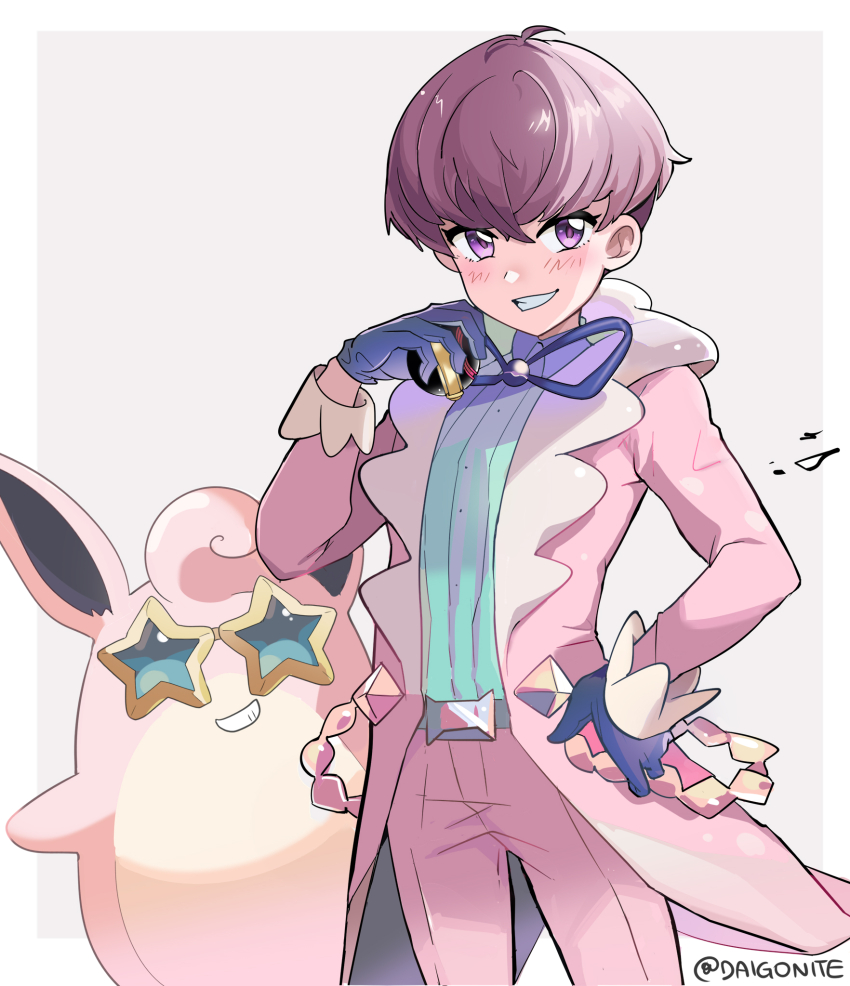 1boy belt belt_buckle blush buckle coat commentary_request gen_1_pokemon gloves goro_orb green_shirt grey_belt grin hand_on_own_hip highres holding holding_poke_ball looking_at_viewer luxury_ball male_focus neck_ribbon nintendo open_clothes open_coat ortega_(pokemon) pants pink_coat pink_pants poke_ball pokemon pokemon_sv purple_eyes purple_hair ribbon shirt short_hair smile star-shaped_eyewear star_(symbol) sunglasses team_star teeth twitter_username watermark wigglytuff