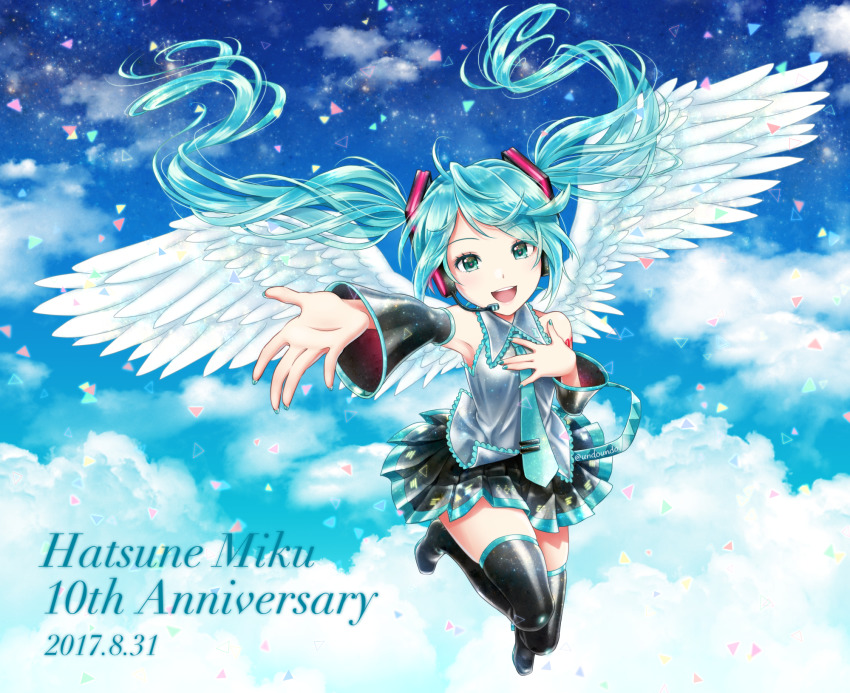 1girl 2017 :d angel_wings black_boots black_skirt black_sleeves blue_hair blue_necktie blue_sky boots character_name cloud dated detached_sleeves dress_shirt feathered_wings female_focus floating_hair full_body green_eyes grey_shirt hair_ornament hatsune_miku headphones headset highres kirita_asami long_hair long_sleeves looking_at_viewer microphone miniskirt necktie open_mouth outstretched_arm pleated_skirt shirt skirt sky sleeveless sleeveless_shirt smile solo sparkle thigh_boots thighhighs twintails very_long_hair vocaloid white_wings wings zettai_ryouiki