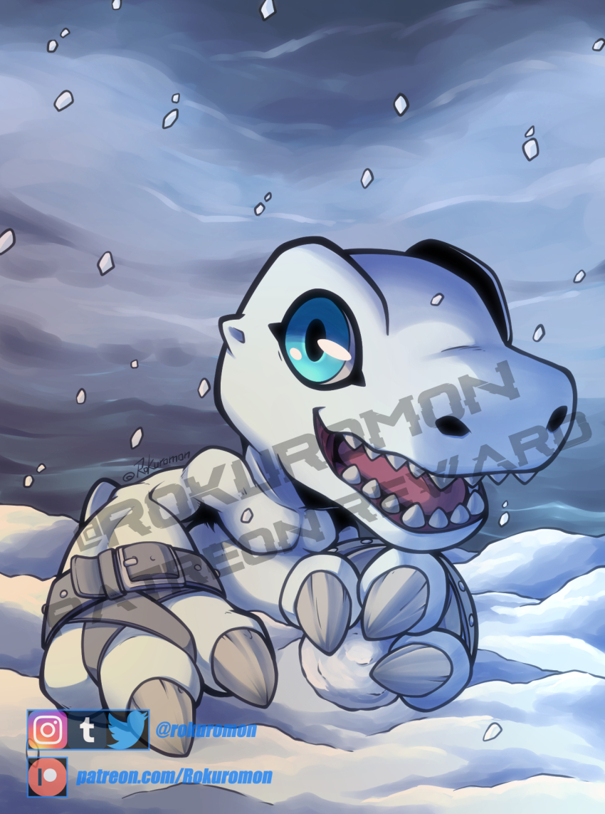 belt claws digimon digimon_(creature) highres reptile snow solo yukiagumon_(digimon_savers)