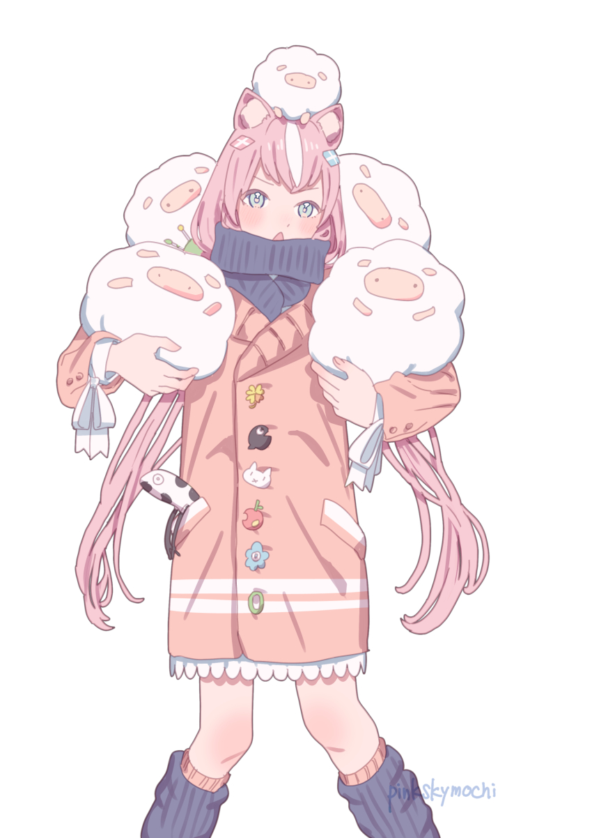 1girl :o absurdres animal_ears blue_eyes blush cat_ears coat dot_nose highres long_hair looking_at_viewer loose_socks low_twintails nijisanji nijisanji_kr orange_coat pink_hair pinkskymochi scarf signature simple_background socks twintails very_long_hair virtual_youtuber white_background yang_nari