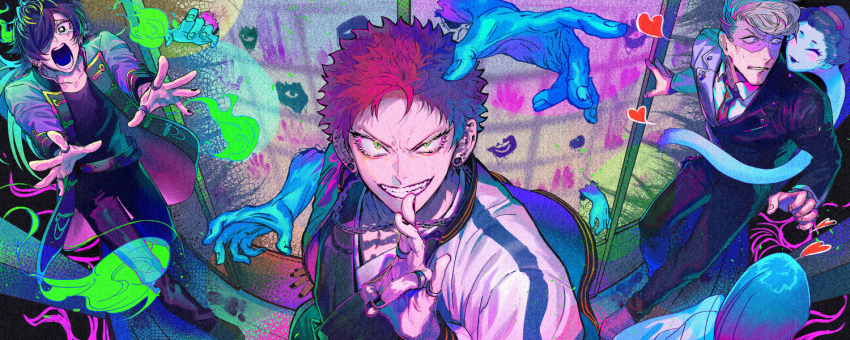 3boys aimono_jyushi amaguni_hitoya bangs_pinned_back belt black_hair black_jacket black_nails black_pants black_shirt black_suit blonde_hair chain chain_necklace clenched_teeth coat collared_coat colorful crying ear_piercing extra_hands eyelashes formal_clothes from_above full_body ghost hair_over_one_eye hand_gesture hand_up harai_kuko hypnosis_mic jacket jewelry looking_at_viewer looking_back male_focus multicolored_hair multiple_boys necklace necktie open_clothes open_coat open_jacket open_mouth pants piercing red_hair red_necktie ring running_towards_viewer shirt short_hair shouji sliding_doors smirk streaked_hair suit tears teeth tori_shiru upper_body white_jacket