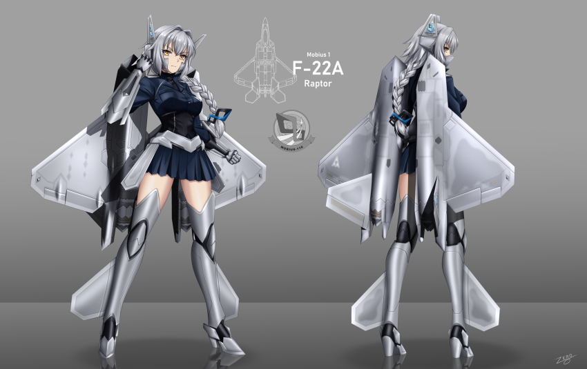 1girl ace_combat aircraft airplane armor blue_skirt braid commission f-22_raptor fighter_jet gauntlets greaves grey_hair headgear highres long_braid long_hair machinery mecha_musume military_uniform military_vehicle miniskirt original personification pleated_skirt single_braid skirt thighhighs very_long_hair yellow_eyes zero_(73ro)