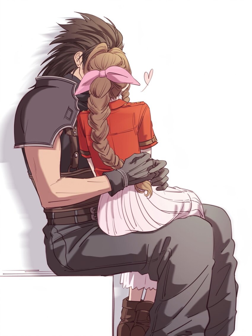 1boy 1girl aerith_gainsborough armor baggy_pants belt black_gloves black_hair black_pants boots braid braided_ponytail brown_footwear brown_hair commentary couple crisis_core_final_fantasy_vii dress english_commentary feet_out_of_frame final_fantasy final_fantasy_vii final_fantasy_vii_rebirth final_fantasy_vii_remake from_behind from_side gloves hair_ribbon hair_slicked_back heart highres hug jacket long_hair multiple_belts on_lap pants pink_dress pink_ribbon red_jacket ribbon shoulder_armor simple_background sitting sitting_on_lap sitting_on_person sleeveless sleeveless_turtleneck spiked_hair sweater sylvthea turtleneck turtleneck_sweater zack_fair