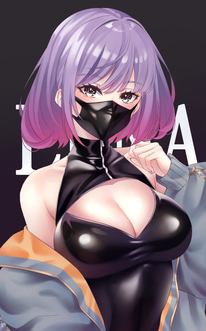 1girl bare_shoulders black_background bodysuit breasts character_name character_request copyright_request highres jacket latex latex_bodysuit latex_mask looking_at_viewer luna_(yd) mask medium_breasts mouth_mask multicolored_hair one-piece_swimsuit original portrait short_hair solo swimsuit two-tone_hair wanzi_(99wanzi99)