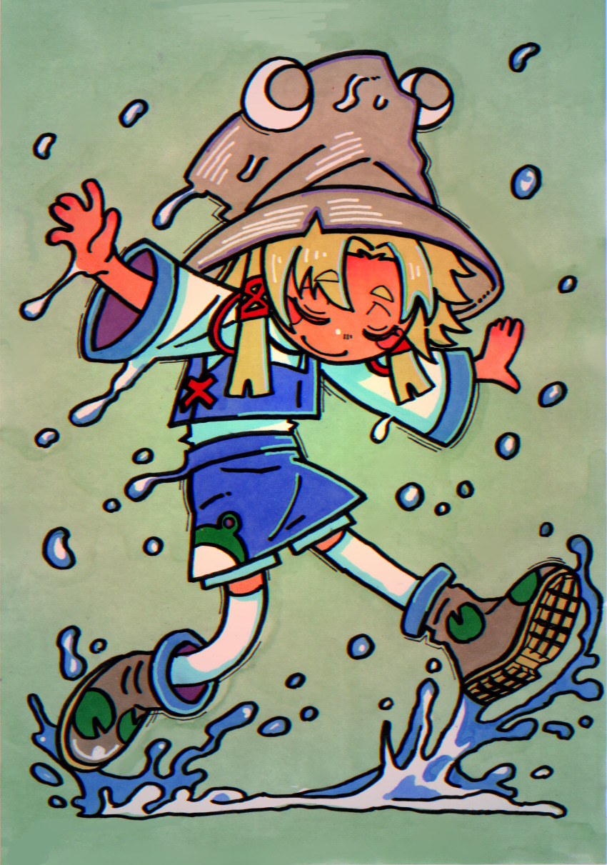 1girl absurdres blonde_hair blue_skirt blue_vest brown_hat brown_shoes closed_eyes closed_mouth commentary_request curtained_hair full_body green_background hair_ribbon hat highres inuyama_konan medium_hair moriya_suwako outstretched_arms parted_bangs red_ribbon ribbon shirt shoes skirt smile solo splashing spread_arms thighhighs touhou vest walking white_shirt white_thighhighs