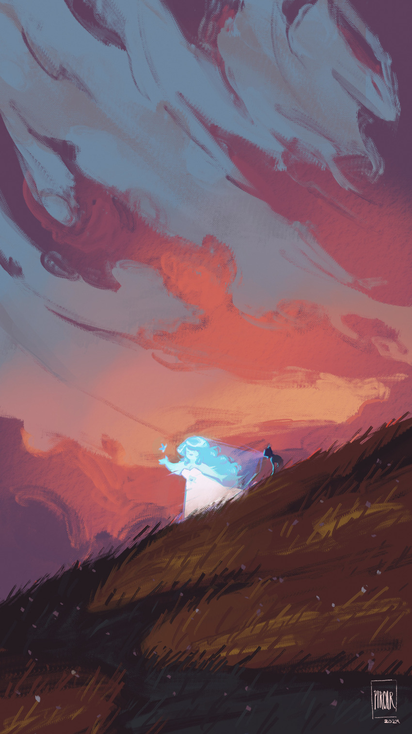 2girls absurdres cloud cloudy_sky dress golden_hour grass green_dress highres long_hair multiple_girls pearl_(steven_universe) pink_hair rose_quartz_universe sage_petrichor sky steven_universe sunset very_long_hair white_dress