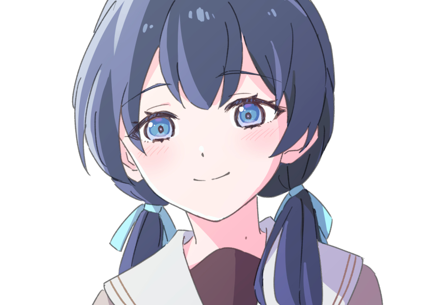1girl blue_eyes blue_hair blue_ribbon blush brown_cardigan brown_dress cardigan closed_mouth commentary_request dress hair_ribbon hasu_no_sora_school_uniform highres link!_like!_love_live! long_hair long_sleeves looking_at_viewer love_live! low_twintails mole mole_on_neck murano_sayaka nogreen open_cardigan open_clothes portrait ribbon sailor_collar sailor_dress school_uniform simple_background smile solo twintails virtual_youtuber white_background white_sailor_collar winter_uniform