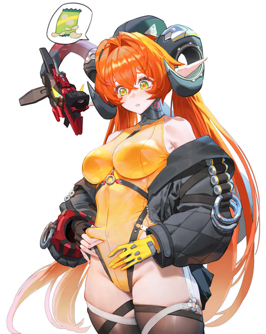 1girl absurdres antenna_hair beret black_hat black_jacket breasts commentary curled_horns fingerless_gloves gloves hair_intakes hat highres horns jacket leotard long_hair magus_(zenless_zone_zero) medium_breasts open_clothes open_jacket open_mouth orange_hair orphie_magnusson pointy_ears revision simple_background single_fingerless_glove spoken_food very_long_hair white_background wonbin_lee yellow_gloves yellow_leotard zenless_zone_zero