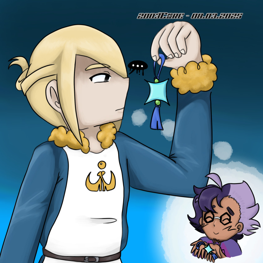 2003core 2boys blank_stare charm_(object) closed_eyes game_freak gift highres holding holding_gift jacq_(pokemon) male_focus multiple_boys nintendo pokemon pokemon_legends:_arceus pokemon_masters_ex pokemon_sv remembering self-upload speech_bubble thought_bubble volo_(pokemon)