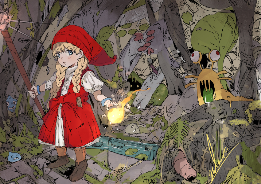 1girl absurdres blonde_hair blue_eyes blush bow braid brown_footwear brown_legwear commentary_request dragon_quest dragon_quest_xi dress fireball forest hair_over_shoulder hat highres hiranko holding holding_staff huge_filesize long_hair looking_at_viewer mushroom nature open_mouth outdoors puffy_short_sleeves puffy_sleeves red_bow red_dress red_headwear river shirt shoes short_sleeves sleeveless sleeveless_dress slime_(dragon_quest) slug socks solo_focus staff standing twin_braids veronica_(dq11) very_long_hair water white_shirt worm x_x