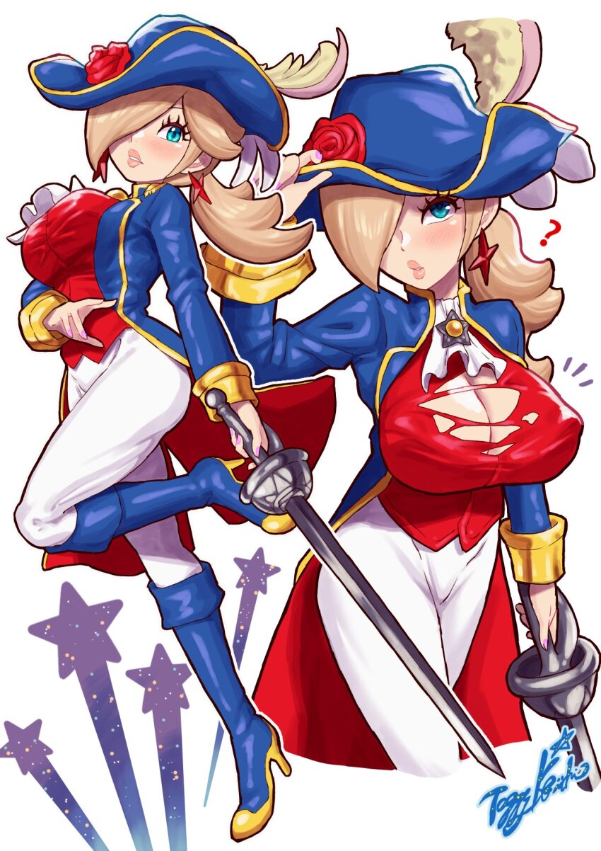 1girl aqua_eyes ascot blonde_hair blue_coat blue_footwear blue_hat boots breasts brooch bursting_breasts cleavage coat cosplay covered_erect_nipples earrings hair_over_one_eye hat hat_feather high_heel_boots high_heels highres holding holding_sword holding_weapon jewelry large_breasts long_hair mario_(series) nintendo pants ponytail princess_peach princess_peach:_showtime! princess_peach_(cosplay) red_shirt rosalina shirt star_(symbol) star_brooch star_earrings sword swordfighter_peach toggy_keiichi torn_clothes torn_shirt weapon white_ascot white_pants