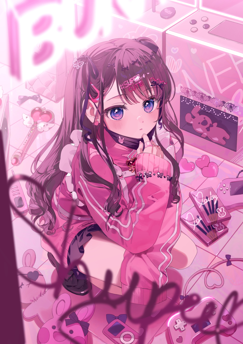 1girl a20_(atsumaru) bandaid black_mask black_skirt blue_eyes blush controller earrings food game_controller hair_ornament hairclip hairpin heart heart_earrings highres indoors jacket jewelry long_hair long_sleeves looking_at_viewer mask mask_pull mouth_mask multiple_hairpins multiple_rings neon_lights original pink_jacket pocky purple_hair ring skirt sleeves_past_wrists solo stuffed_toy twintails