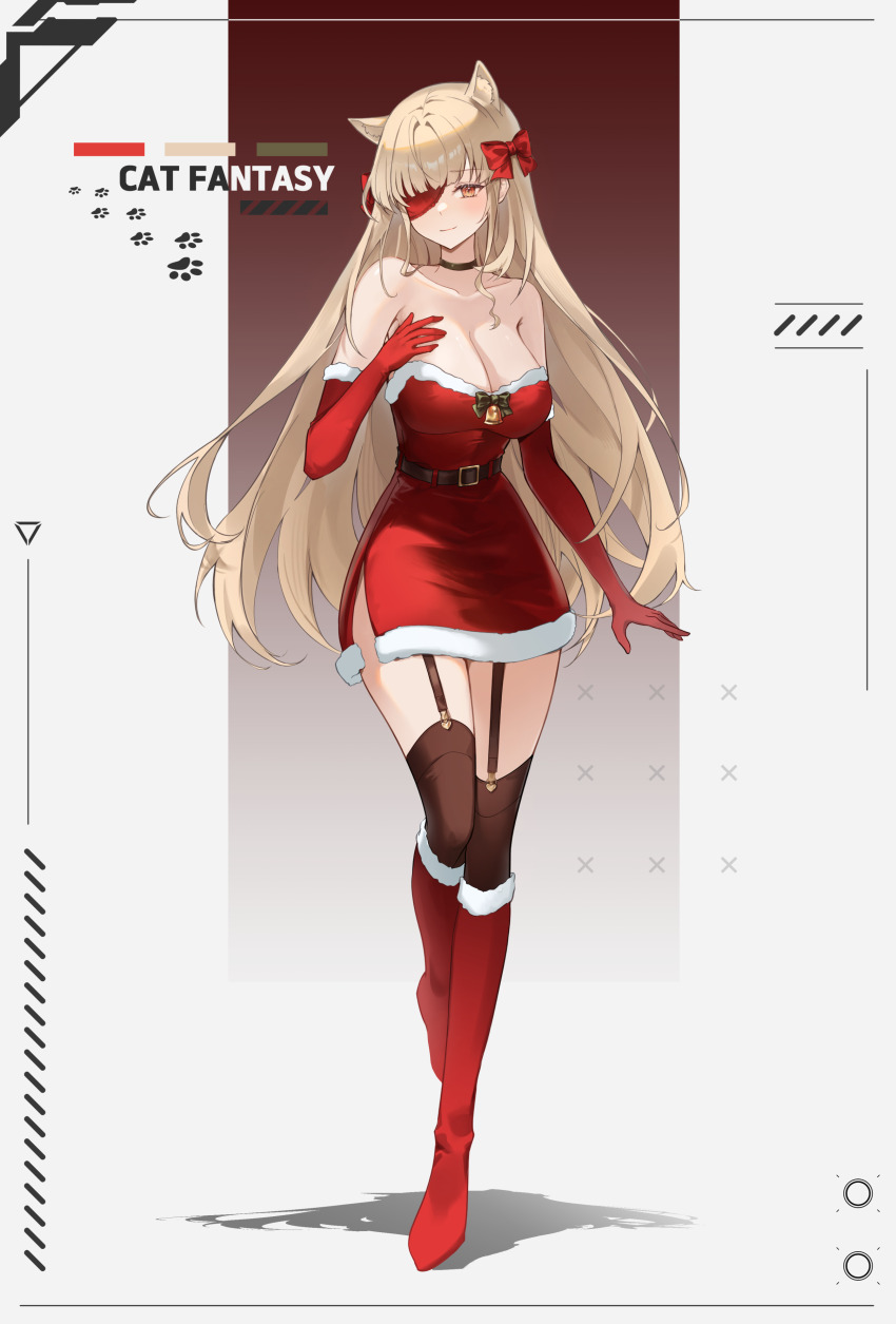 1girl absurdres animal_ear_fluff animal_ears black_choker blush boots brown_eyes brown_hair brown_thighhighs cat_fantasy character_request check_character choker closed_mouth collarbone commentary dress eyepatch full_body fur-trimmed_boots fur_trim garter_straps heeri highres long_hair looking_at_viewer red_boots red_dress santa_costume smile solo standing standing_on_one_leg strapless strapless_dress sylviette_(cat_fantasy) thighhighs thighhighs_under_boots very_long_hair