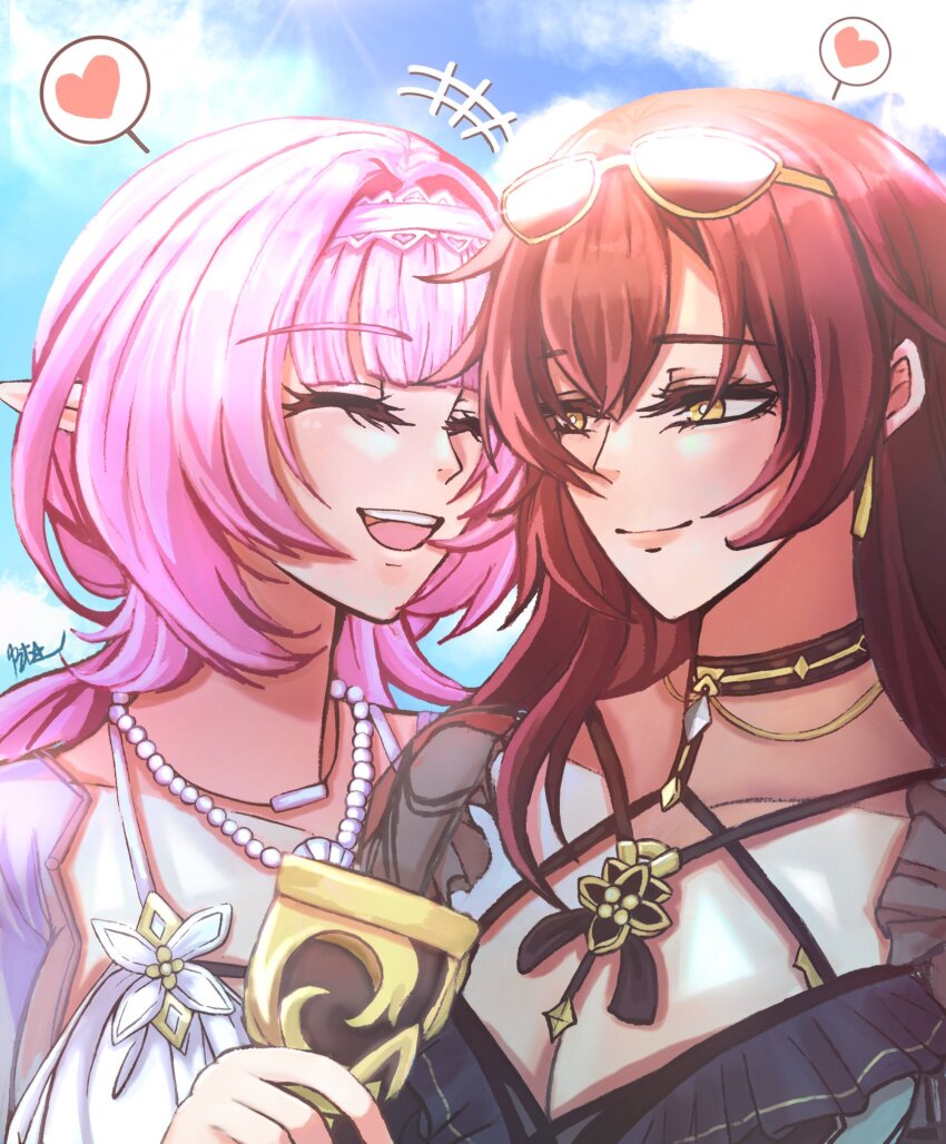 2girls bikini black_bikini blackjacket090 blue_sky breasts brown_hair chalice cleavage cup earrings eden_(flowing_rhyme)_(honkai_impact) eden_(honkai_impact) elf elysia_(honkai_impact) elysia_(miss_pink_elf)_(honkai_impact) elysia_(summer_miss_elf)_(honkai_impact) eyewear_on_head hairband heart highres holding holding_cup honkai_(series) honkai_impact_3rd jewelry large_breasts long_hair multiple_girls necklace official_alternate_costume open_mouth pearl_necklace pink_hair pointy_ears sky smile spoken_heart sunglasses swimsuit upper_body white_bikini white_hairband yellow_eyes yuri