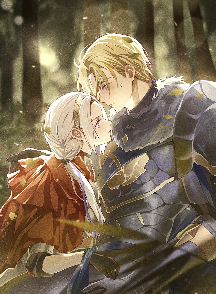 1boy 1girl absurdres armor black_gloves blonde_hair blurry blurry_background capelet closed_mouth couple dated_commentary depth_of_field dimitri_alexandre_blaiddyd edelgard_von_hresvelg fire_emblem fire_emblem:_three_houses fire_emblem_warriors:_three_hopes from_side fur_trim gloves green_background hair_over_shoulder hand_up headpiece highres leaning_back leaning_forward light_blush light_particles long_hair looking_at_another looking_down looking_up low_ponytail muscular muscular_male nintendo official_alternate_costume official_alternate_hairstyle outdoors parted_bangs ponytail purple_eyes red_capelet short_hair soma_otakuu sweatdrop white_hair