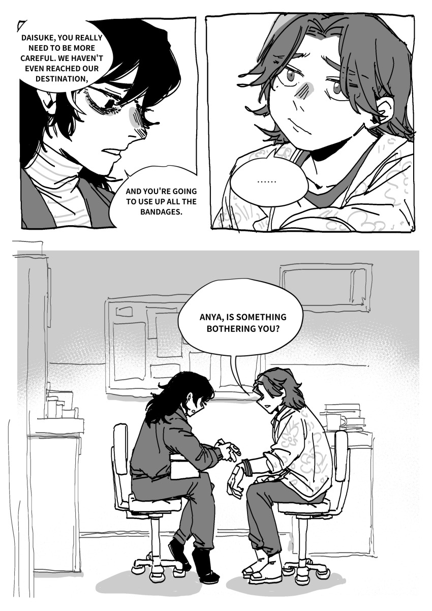 ... 1boy 1girl absurdres anya_(mouthwashing) daisuke_(mouthwashing) english_text greyscale hawaiian_shirt highres indoors kashacroissant long_hair medium_hair monochrome mouthwashing shirt sitting speech_bubble spoken_ellipsis swivel_chair