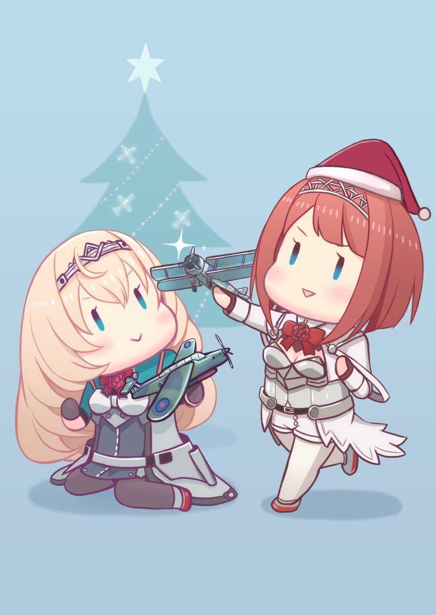 2girls aircraft airplane akisame_rizu ark_royal_(kancolle) biplane blonde_hair blue_background blue_eyes bomber character_request chibi christmas_tree fighter_plane grey_jacket grey_shirt hat highres jacket kantai_collection military_vehicle multiple_girls orange_hair pants propeller_fighter royal_air_force santa_hat shirt torpedo_bomber vehicle_request victorious_(kancolle) white_pants white_shirt