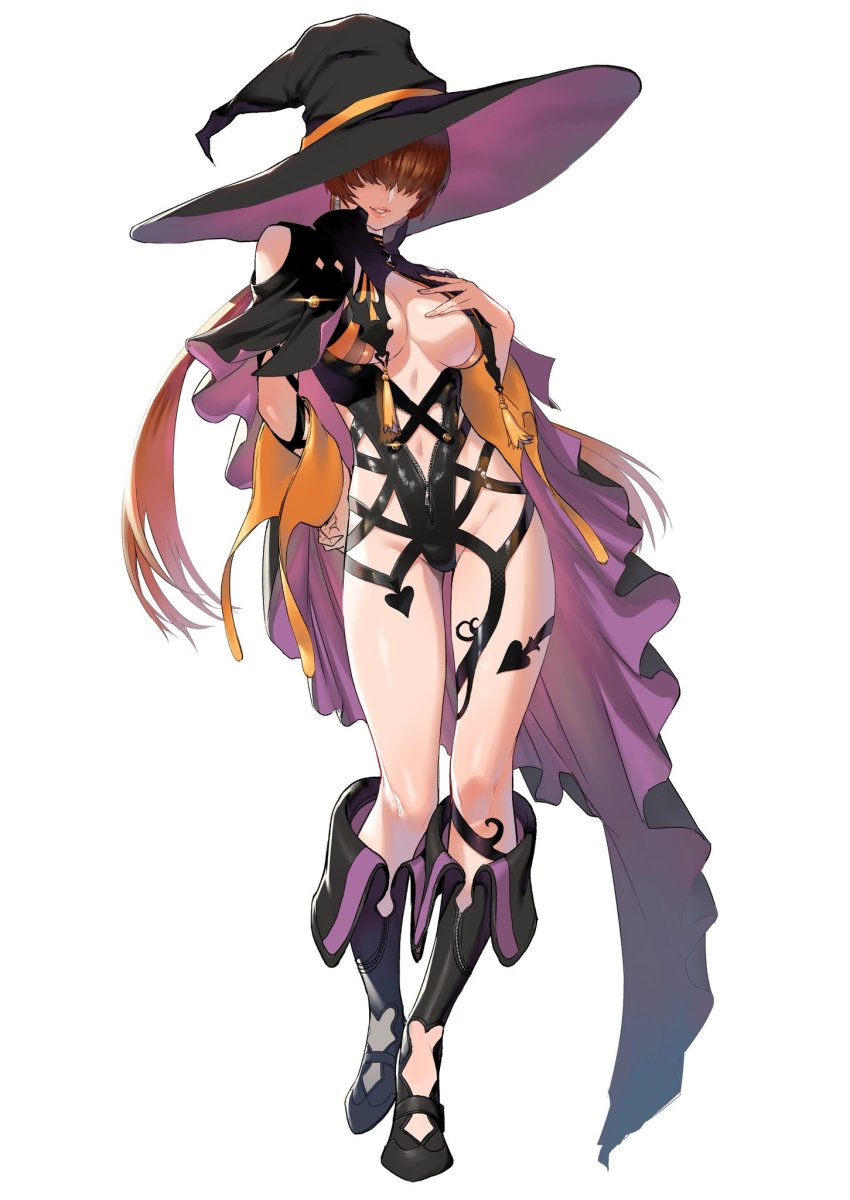 1girl azuma_kyoutarou_(artist) boots breasts brown_hair cape cleavage female_focus full_body hair_over_eyes hat highres large_breasts lipstick long_hair makeup shermie_(kof) snk snk_heroines:_tag_team_frenzy solo the_king_of_fighters unzipped witch witch_hat zipper