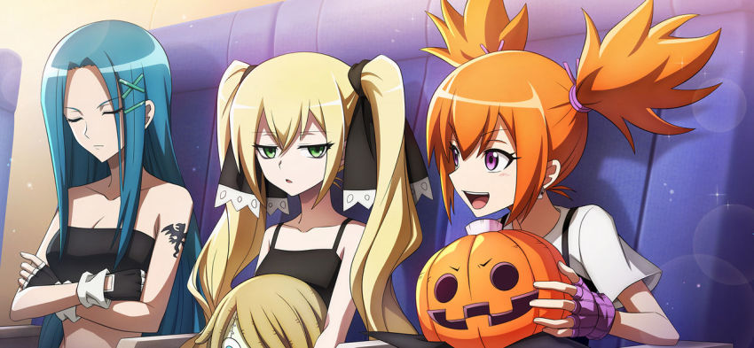 3girls arm_tattoo bandeau bare_shoulders blonde_hair blue_hair blush breasts chuck_(shaman_king) cleavage closed_eyes collarbone crossed_arms earrings fingerless_gloves gloves green_eyes hair_between_eyes hair_ornament jack-o&#039;-lantern jack_the_ripper_(shaman_king) jewelry kanna_bismarch long_hair looking_at_another marion_phauna matilda_matisse multiple_girls official_art open_mouth orange_hair purple_eyes scrunchie shaman_king sitting tattoo teeth twintails upper_teeth_only