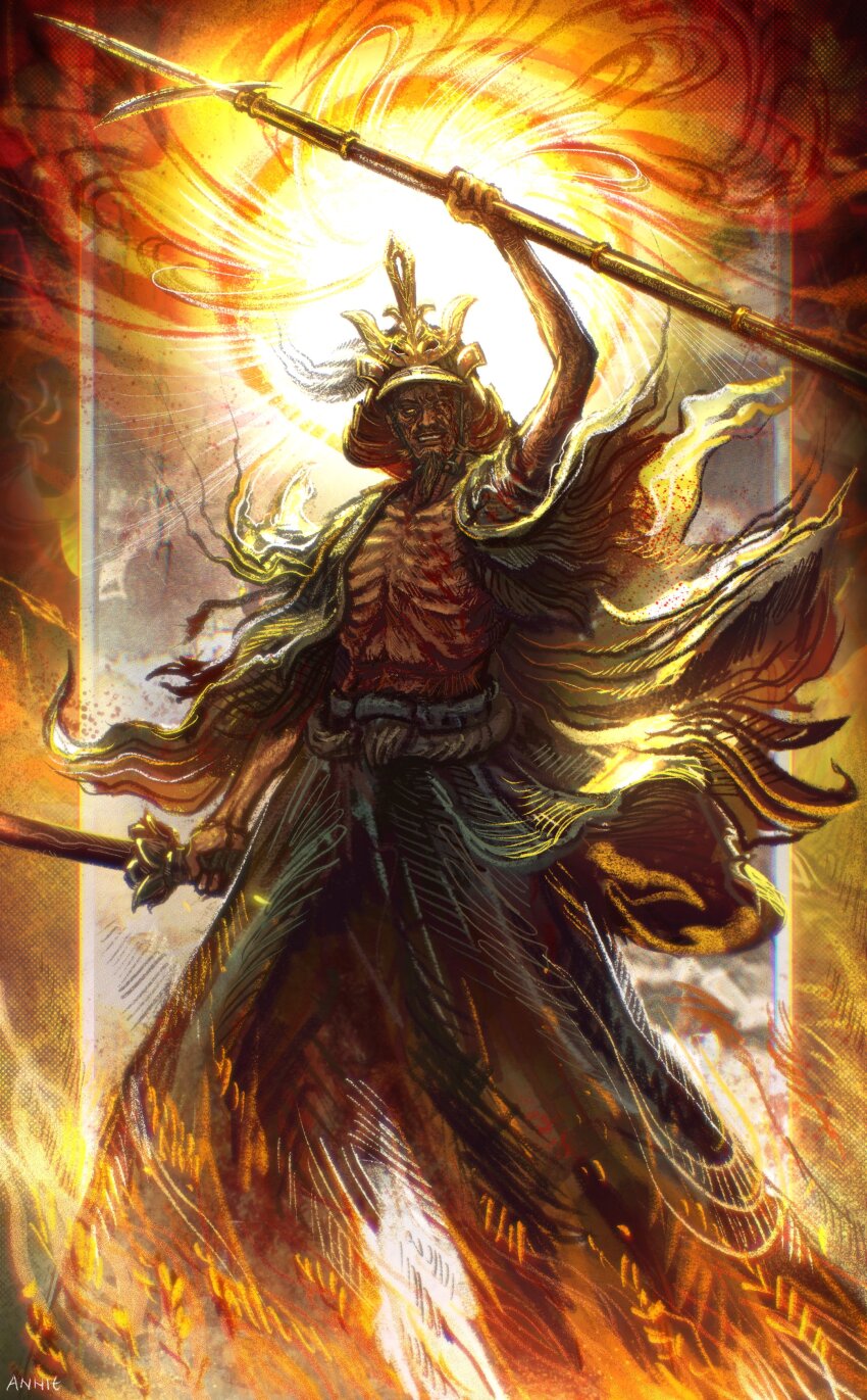 1boy absurdres anniechromes armor ashina_isshin asymmetrical_dual_wielding beard black_hair dual_wielding facial_hair helmet highres holding holding_sword holding_weapon japanese_armor japanese_clothes juumonji_yari kabuto_(helmet) katana kimono ornate polearm samurai sekiro:_shadows_die_twice solo spear sword sword_saint_isshin weapon yari